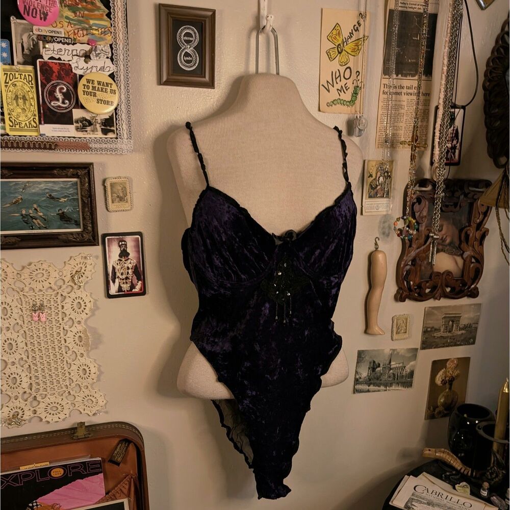 Vintage Velvet Lace Teddy Bodysuit Women's Large Dark Purple Black